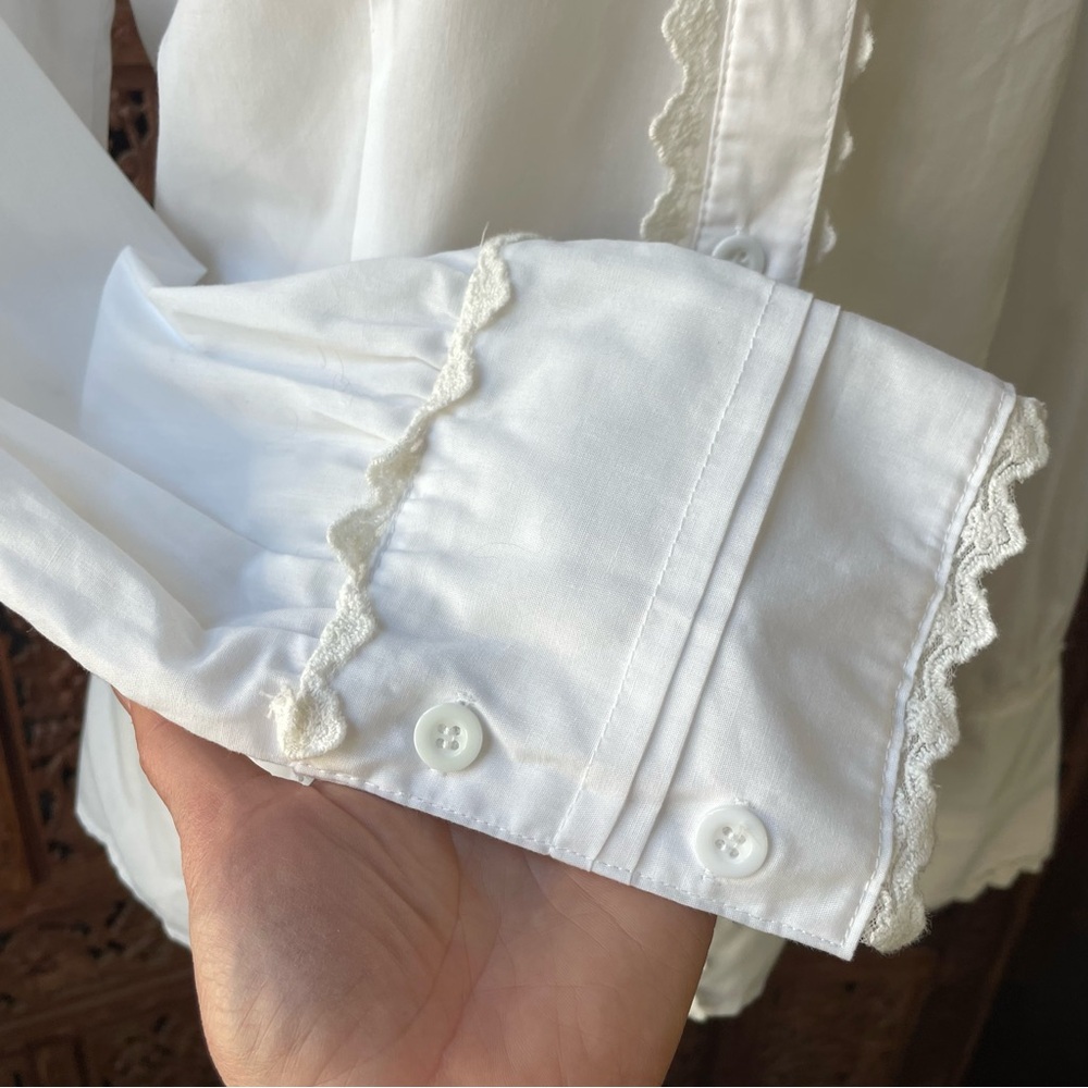 White Ruffled Victorian Edwardian Western lace trim crochet button down Blouse - Picture 10 of 14